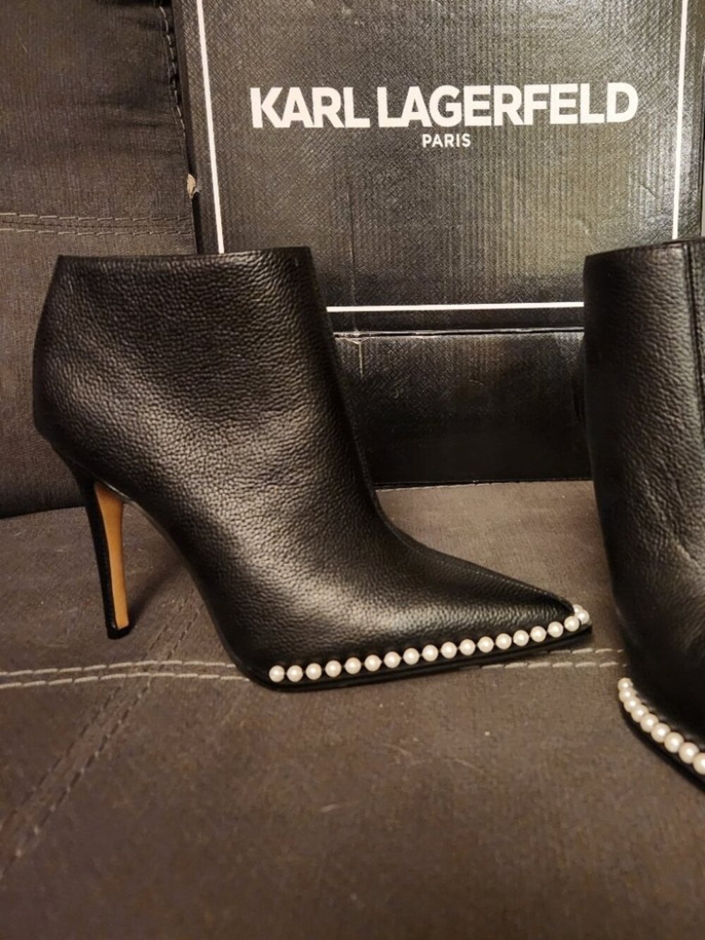 Karl Lagerfeld Cyron Leather Pearl Studded Stiletto Booties